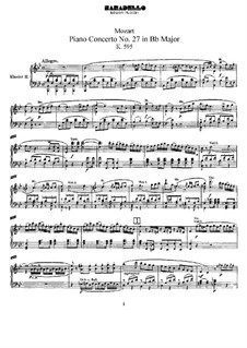 Concerto for Piano and Orchestra No.27 in B Flat Major, K.595: arranjos para dois pianos de quatro mãos by Wolfgang Amadeus Mozart