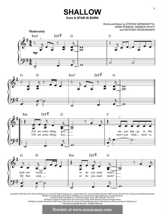 Shallow (from A Star Is Born) Lady Gaga & Bradley Cooper: Para Piano by Andrew Wyatt, Anthony Rossomando, Mark Ronson, Stefani Germanotta