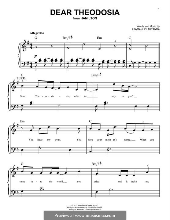 Dear Theodosia (from Hamilton): Para Piano by Lin-Manuel Miranda