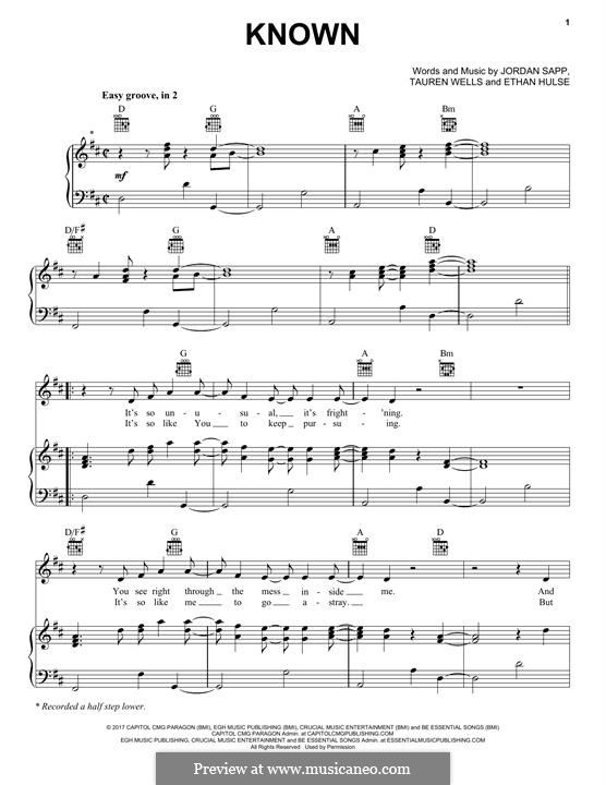 Known: Para vocais e piano (ou Guitarra) by Jordan Sapp, Ethan Hulse, Tauren Wells