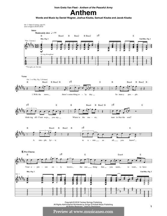 Anthem (Greta Van Fleet): Para guitarra com guia by Joshua Kiszka, Daniel Wagner, Samuel Kiszka, Jacob Kiszka
