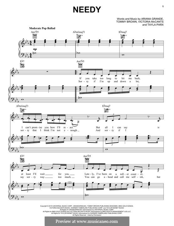 Needy: Para vocais e piano (ou Guitarra) by Ariana Grande, Victoria McCants, Tom Brown, Tayla Parx