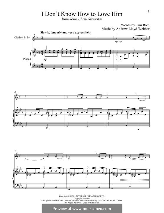 I Don't Know How to Love Him: para clarinete e piano by Andrew Lloyd Webber