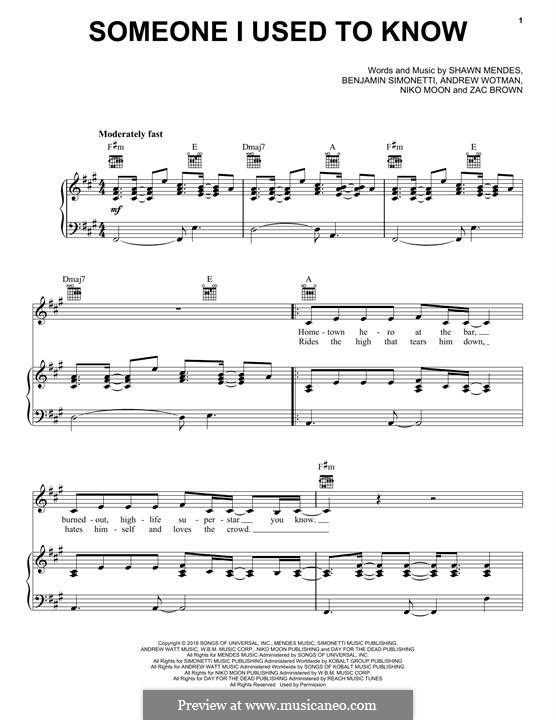 Someone I Used To Know (Zac Brown Band): Para vocais e piano (ou Guitarra) by Zac Brown, Shawn Mendes, Andrew Wotman, Benjamin Simonetti, Niko Moon