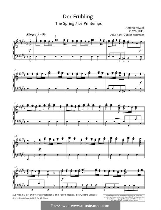 Violin Concerto No.1 in E Major 'La primavera' (Printable Scores), RV 269: Movement I (Theme), for piano by Antonio Vivaldi