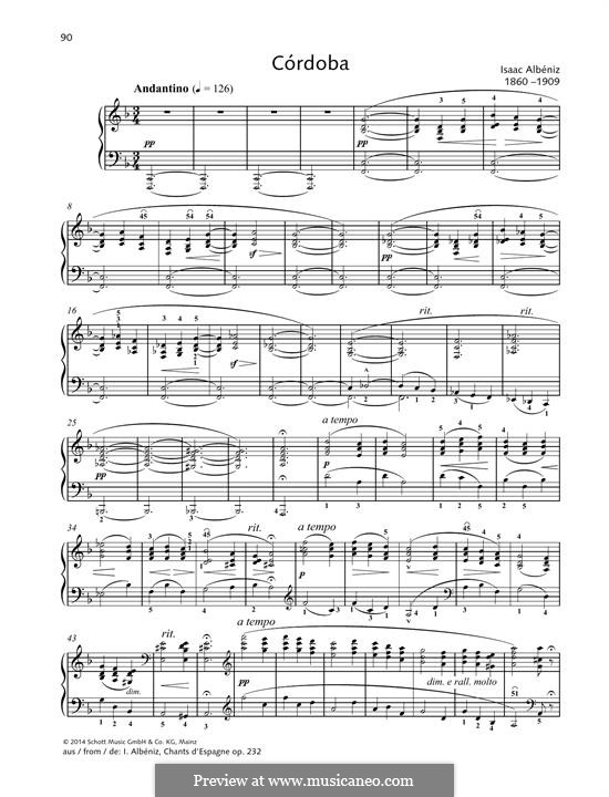 Chants d'Espagne, Op.232: No.4 Córdoba, for piano by Isaac Albéniz