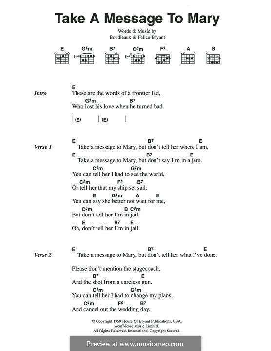Take a Message to Mary (The Everly Brothers): Letras e Acordes by Boudleaux Bryant, Felice Bryant