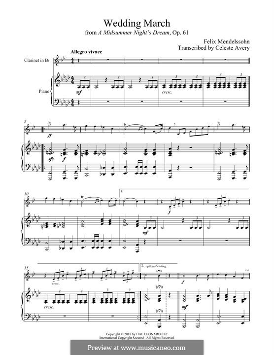 Wedding March (Printable Scores): para clarinete e piano by Felix Mendelssohn-Bartholdy
