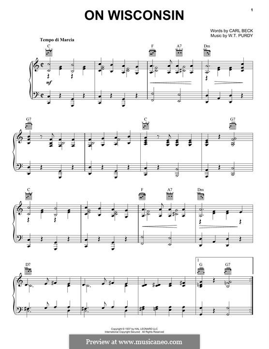 On, Wisconsin: Para vocais e piano (ou Guitarra) by William Thomas Purdy