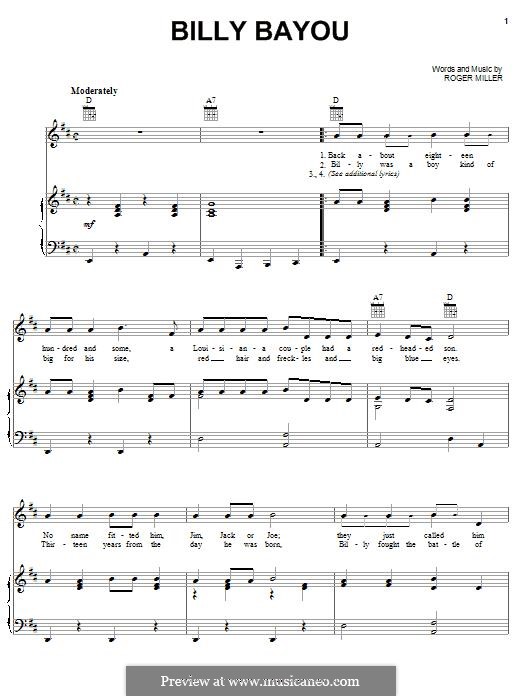 Billy Bayou: Para vocais e piano (ou Guitarra) by Roger Miller