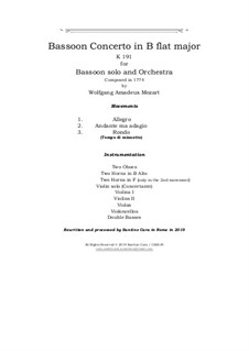 Concerto for Bassoon and Orchestra in B Flat Major, K.191: Score and parts by Wolfgang Amadeus Mozart