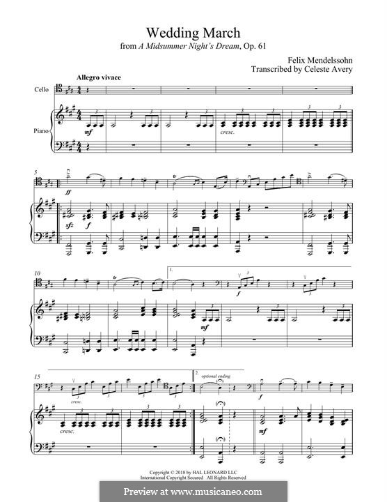 Wedding March (Printable Scores): para Violoncelo e piano by Felix Mendelssohn-Bartholdy
