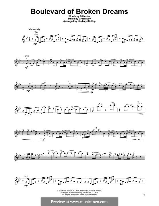Boulevard of Broken Dreams (Green Day): para violino by Billie Joe Armstrong, Tré Cool, Michael Pritchard
