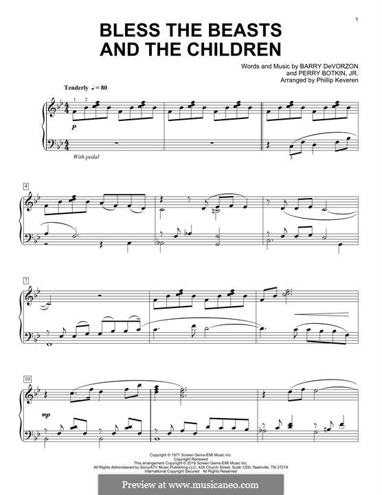 Bless the Beasts and Children (Carpenters): Para Piano by Barry DeVorzon, Perry Botkin Jr.