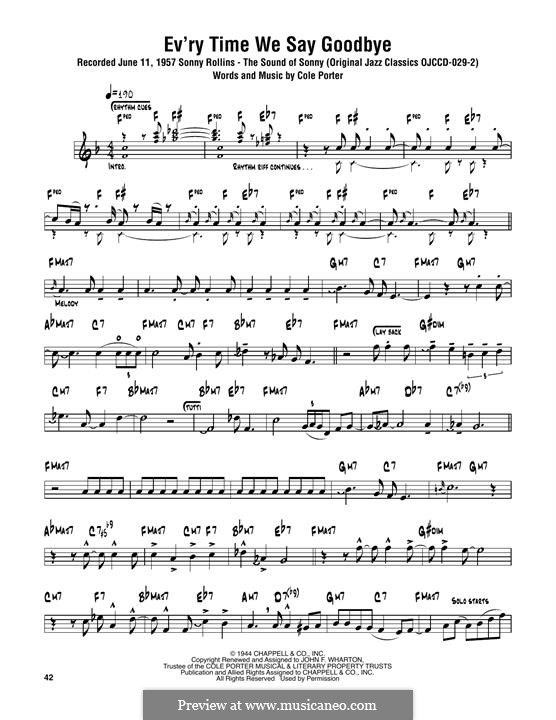 Ev'ry Time We Say Goodbye: para saxofone tenor by Cole Porter