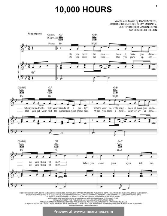 10,000 Hours (Dan + Shay & Justin Bieber): Para vocais e piano (ou Guitarra) by Jason Boyd, Justin Bieber, Shay Mooney, Dan Smyers, Jessie Dillon, Jordan Reynolds