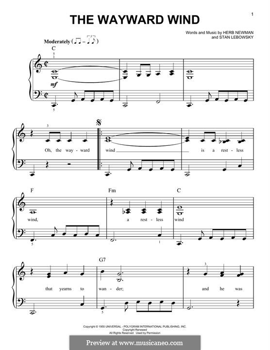 The Wayward Wind (Patsy Cline): Para Piano by Herb Newman, Stan Lebowsky