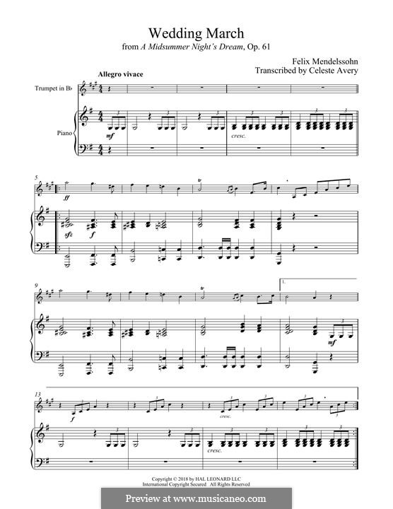 Wedding March (Printable Scores): para trompeta e piano by Felix Mendelssohn-Bartholdy