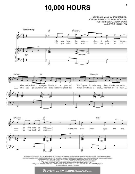 10,000 Hours (Dan + Shay & Justin Bieber): Para vocais e piano by Jason Boyd, Justin Bieber, Shay Mooney, Dan Smyers, Jessie Dillon, Jordan Reynolds