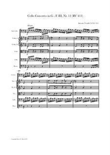 Concerto for Cello and Strings in G Major, RV 413: Score and parts by Antonio Vivaldi