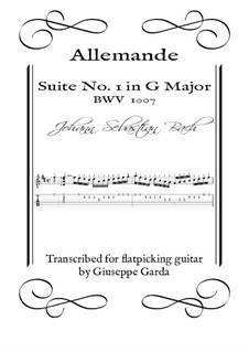 Suite for Cello No.1 in G Major, BWV 1007: Allemande, for acoustic guitar (flatpicking) by Johann Sebastian Bach