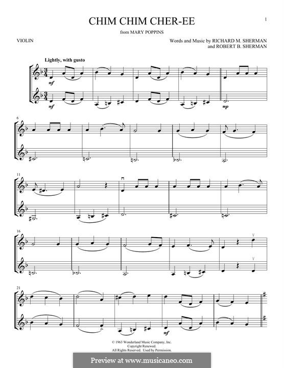 Chim Chim Cher-ee (from Mary Poppins): para dois violinos by Richard M. Sherman, Robert B. Sherman