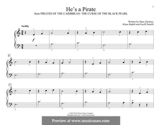 He's a Pirate (from Pirates of the Caribbean: The Curse of the Black Pearl): Para Piano by Klaus Badelt