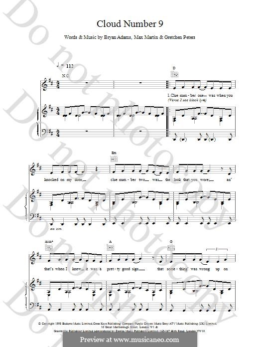 Cloud Number Nine: Para vocais e piano (ou Guitarra) by Bryan Adams, Gretchen Peters, Max Martin