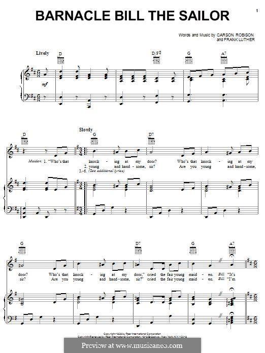 Barnacle Bill the Sailor: Para vocais e piano (ou Guitarra) by Carson J. Robison, Frank Luther