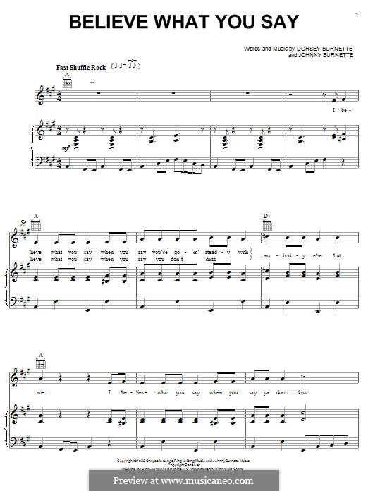 Believe What You Say (Ricky Nelson): Para vocais e piano (ou Guitarra) by Dorsey Burnette, Johnny Burnette