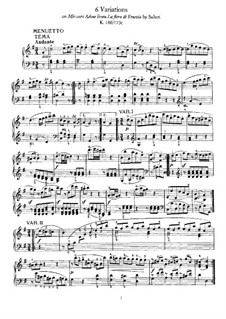 Six Variations on 'Mio caro Adona' by A. Salieri, K.180: Para Piano by Wolfgang Amadeus Mozart