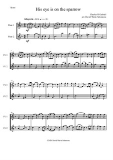 6 simple duets based on hymns: His eye is on the sparrow, for 2 flutes by folklore, Charles Hutchinson Gabriel, Phoebe Palmer Knapp, John Bacchus Dykes, Eugene Bartlett