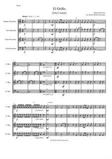 El Grillo (The Cricket): With decorations - for recorder quartet by Josquin des Prez