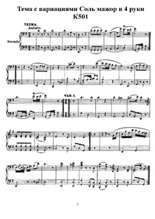 Andante and Variations for Piano Four Hands in G Major, K.501: partes by Wolfgang Amadeus Mozart