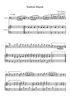 10 Easy Classical Pieces for Cello and Piano Vol.4: Turkish March by Johann Sebastian Bach, Tomaso Albinoni, Joseph Haydn, Wolfgang Amadeus Mozart, Franz Schubert, Jacques Offenbach, Richard Wagner, Giacomo Puccini, folklore