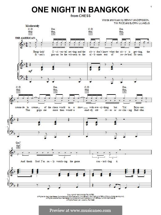 One Night in Bangkok (from Chess): Para vocais e piano (ou Guitarra) by Benny Andersson, Björn Ulvaeus