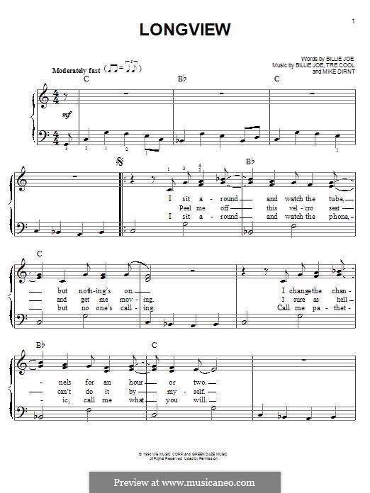 Longview (Green Day): Facil para o piano by Billie Joe Armstrong, Tré Cool, Michael Pritchard
