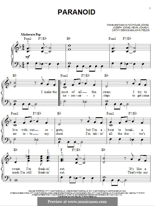 Paranoid (Jonas Brothers): Para Piano by Cathy Dennis, John Fields, Joseph Jonas, Kevin Jonas Sr., Nicholas Jonas