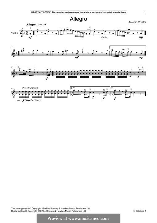 Violin Concerto No.1 in E Major 'La primavera' (Printable Scores), RV 269: Movement 1 Allegro, for violin by Antonio Vivaldi