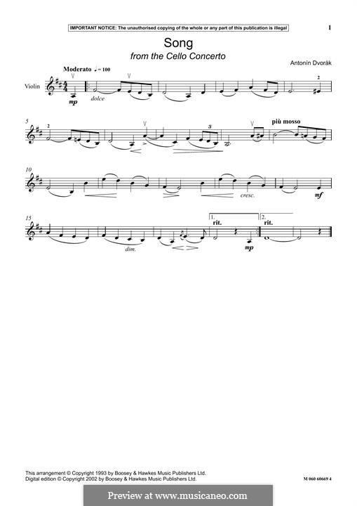 Concerto for Cello and Orchestra in B Minor, B.191 Op.104: Song, for violin by Antonín Dvořák