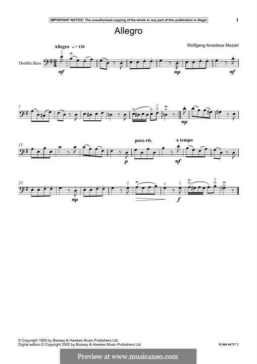 Allegro in B Flat Major, KV 5: Para contrabaixo by Wolfgang Amadeus Mozart