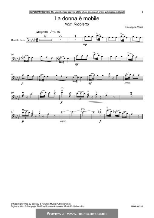 La donna è mobile (Over the Summer Sea) printable scores: Para contrabaixo by Giuseppe Verdi