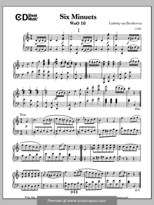 Six Minuets for Orchestra, WoO 10: Complete set. Version for piano by Ludwig van Beethoven