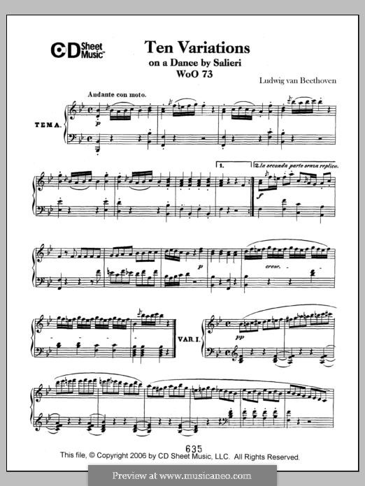 Ten Variations on Theme 'La stessa, la stessissima' from 'Falstaff' by Salieri, WoO 73: Para Piano by Ludwig van Beethoven