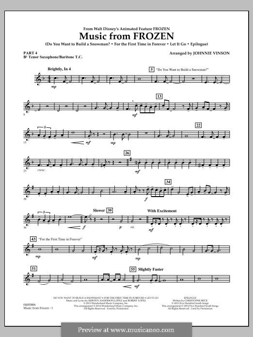 Music from Frozen (Concert Band version): Pt.4 - Bb Tenor Sax/Bar. T.C. by Robert Lopez, Kristen Anderson-Lopez