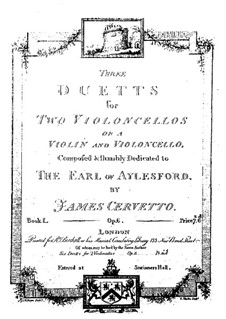Three Duets for Two Cellos (or Violin and Cello), Op.6: violoncelo parte I by Giacobbe Basevi Cervetto