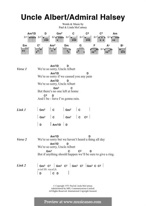 Uncle Albert/Admiral Halsey: Lyrics and guitar chords by Linda McCartney, Paul McCartney