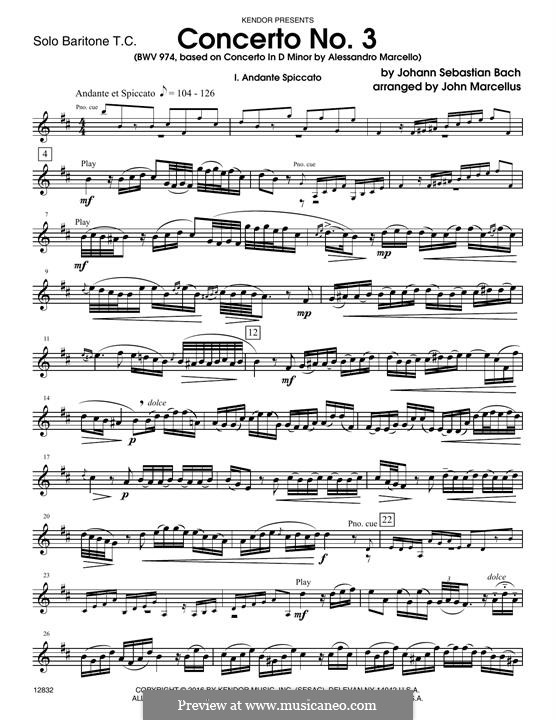 Concerto No.3 (based on Concerto in D Minor): Solo Baritone T.C. part by Johann Sebastian Bach
