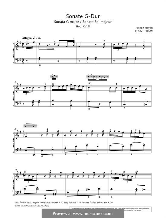 Sonata for Piano No.1 in G Major, Hob.XVI/8: para um único musico (Editado por H. Bulow) by Joseph Haydn