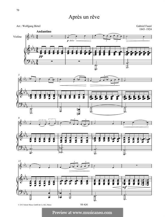 Three Songs, Op.7: No.1 Après un rêve, for violin and piano by Gabriel Fauré